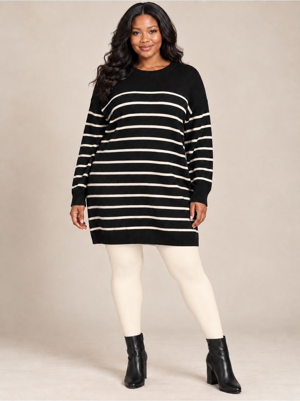 Double Zero Black Knit Mini Dress with Cream Stripes